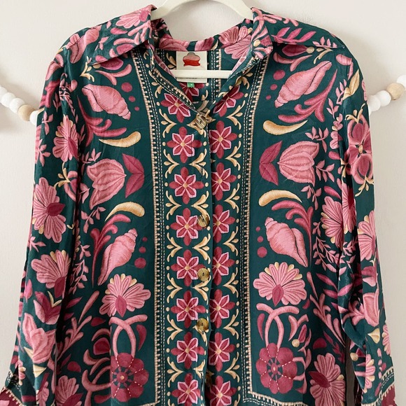 NEW Farm Rio Seashell Tapestry Buttoned Shirt Floral Salmon Pink Small - Picture 13 of 15